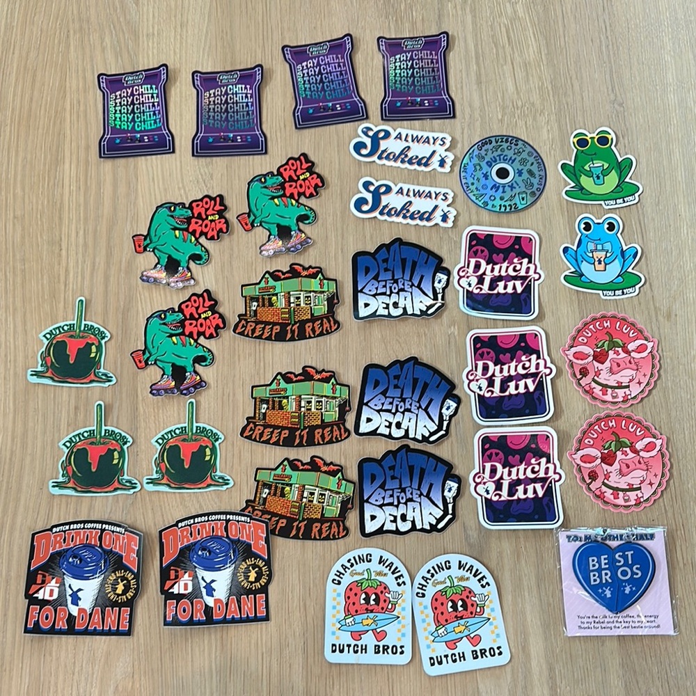 Lot of Dutch Bros Stickers and 1 key chain